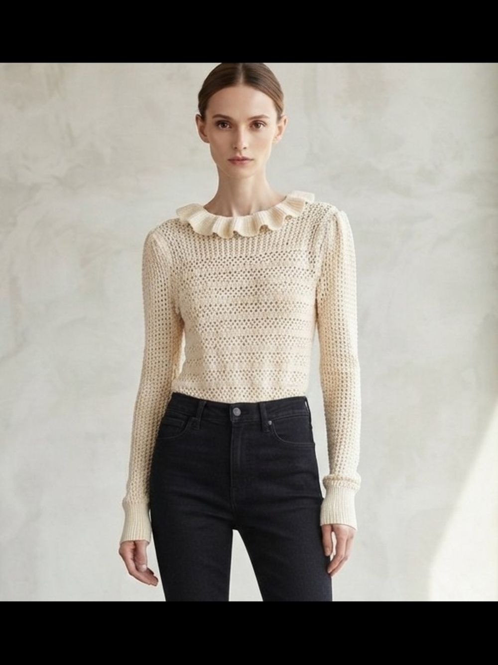 7 For All Mankind Cream Ruffle-Neck Open Knit Sweater